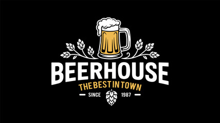 Retro beerhouse logo with frothy beer mug and hops decoration