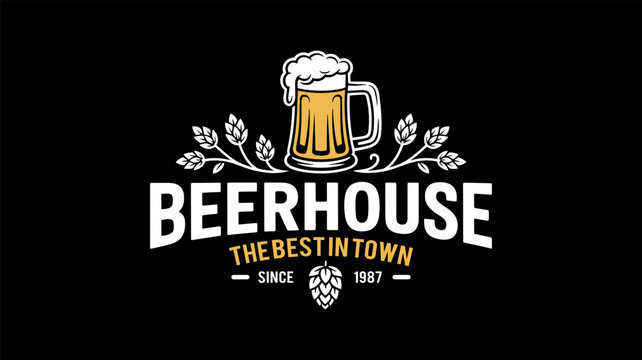 Retro beerhouse logo with frothy beer mug and hops decoration
