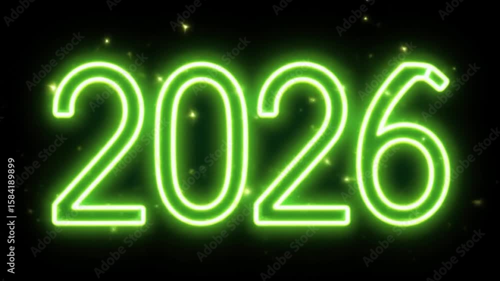 Poster bright green neon '2026' repeated on black background with sparkling particles overlay animation