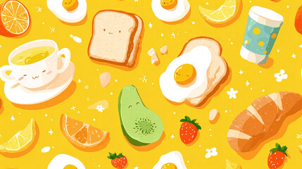 Whical breakfast pattern features eggs, toast, avocado, strawberries, and citrus fruits on yellow background.