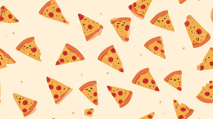 Numerous pepperoni pizza slices are scattered across a cream colored surface in a repeating pattern design.