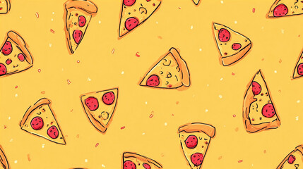 Seamless yellow background showcases a fun cartoon pepperoni pizza slice pattern design illustration perfectly.
