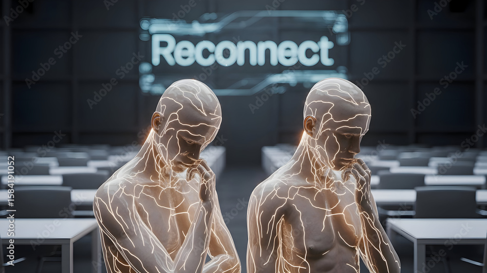 Poster two futuristic figures with glowing lines and a screen displaying the word reconnect in a modern roo