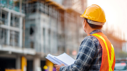 Construction worker in hard hat and safety vest holding blueprints at a building site