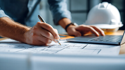 Architect or engineer working on blueprints with laptop and hard hat
