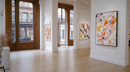 Gallery showcasing abstract paintings in a light-filled, elegant space. Vibrant colors and brushstrokes dominate the artwork