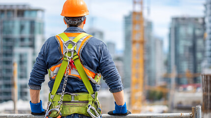 Construction worker wearing safety harness and hard hat overlooking city skyline