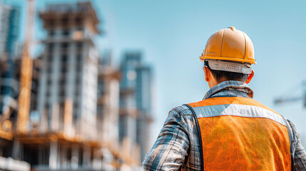 Construction worker in hard hat and safety vest looking at building site