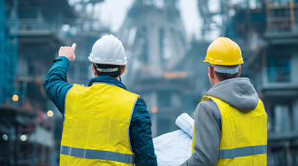 Two construction workers in hard hats and safety vests discussing blueprints at a building site