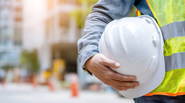 Construction worker in safety vest holding white hard hat outdoors