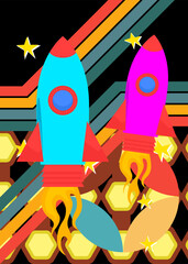Retro 70s Background with Rocketship. Groovy Ship 1970s art template. Minimalistic Vintage design poster. Old-fashioned color artwork.