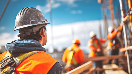 Construction worker in hard hat and safety vest looking at building site