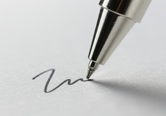 Fototapeta premium Close up of a silver pen tip writing a signature on textured paper isolated on white background