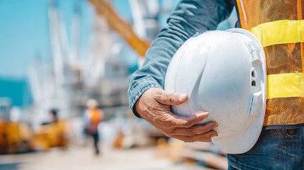 Construction worker holding a hard hat on a busy site