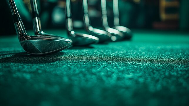 Golf clubs lined up on a teal carpet