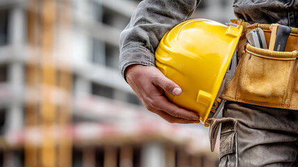 Construction worker holding a yellow hard hat with tools in a belt
