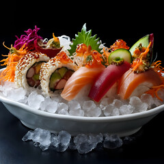 Assorted Sushi and Sashimi Platter on Ice. black background