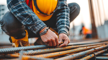 Construction worker in hard hat tying rebar with gloved hands
