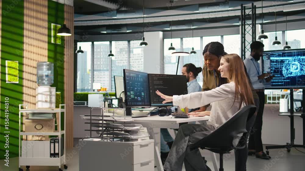Poster manager supervising young trainee in office using ai technology, monitoring performance dashboards. 