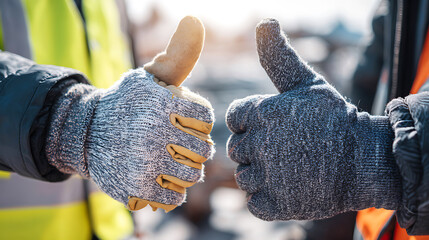 Two workers in protective gloves give a thumbs up gesture