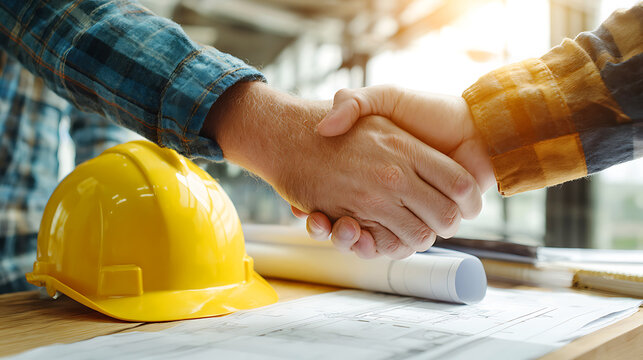 Construction workers shaking hands over blueprints and hard hat - Powered by Adobe