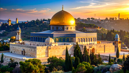 Fototapeta premium Golden Dome of the Rock at Sunset in Jerusalem