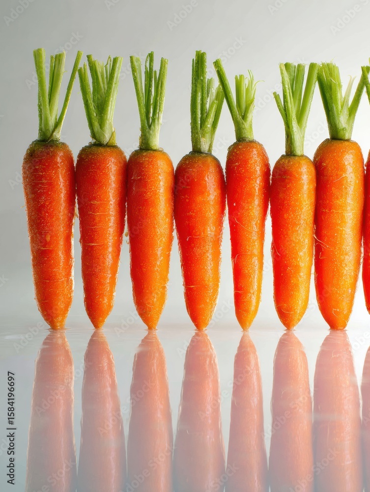 Poster vertical arrangement of vibrant carrots on a reflective surface with a clear background showing thei