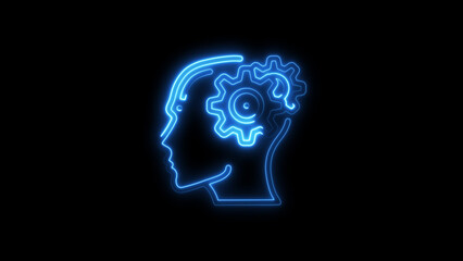 Glowing blue neon brain with gear symbolizing mental process on black background