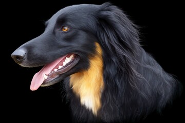 Fototapeta premium Detailed profile portrait of a black and tan dog with its mouth open on a black background