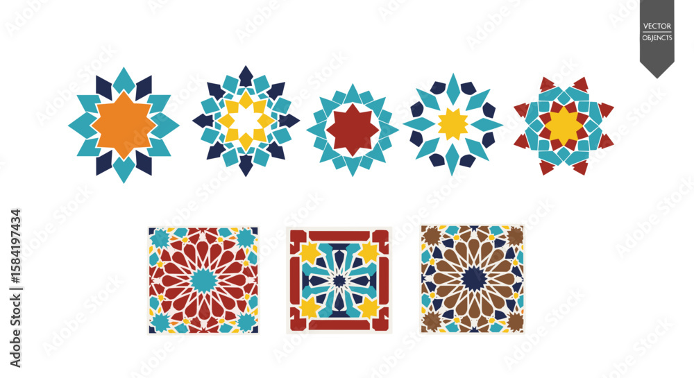 Poster collection of colorful geometric patterns including star shapes and rectangular designs on a white b