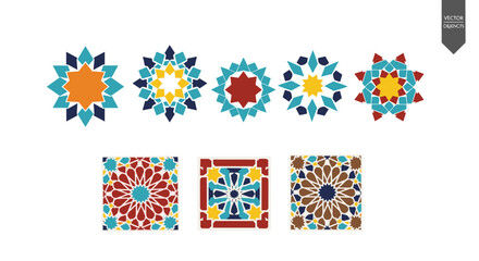 Collection of colorful geometric patterns including star shapes and rectangular designs on a white background