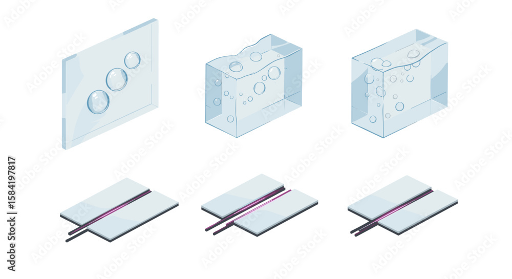 Aufkleber isometric view of transparent blocks with bubbles and plates with wires arranged in a row on white b
