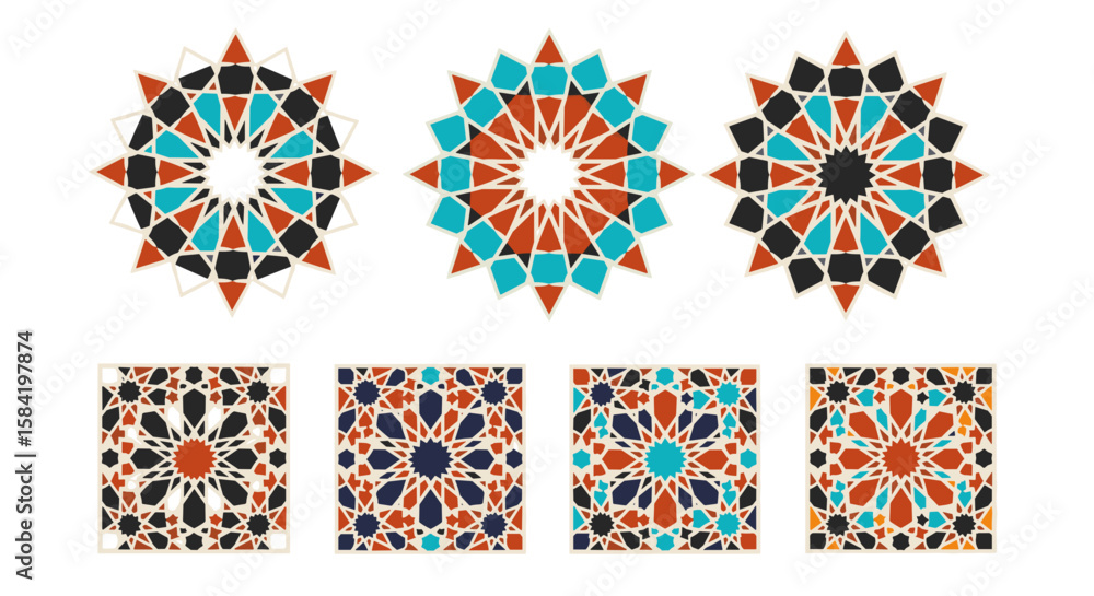 Poster collection of geometric patterns featuring intricate designs and vibrant color schemes in a symmetri