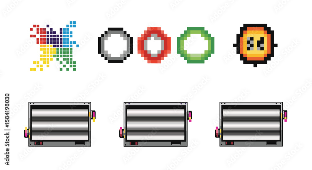 Fototapete pixelated figures and objects including monitors and rings arranged on a white background in a row