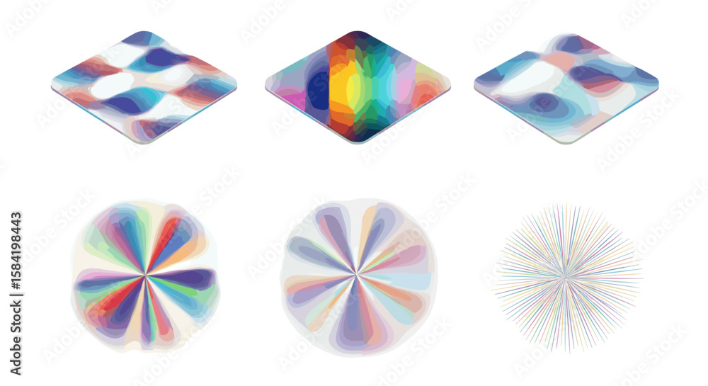 Poster six abstract shapes with watercolor textures arranged in two rows on a white background