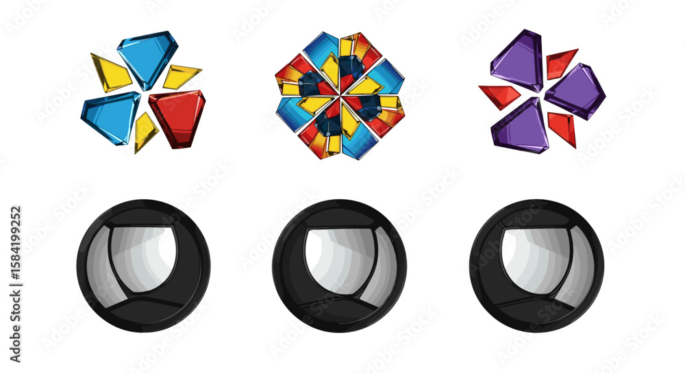 Poster three sets of colorful geometric shapes above three black oval objects with silver reflections