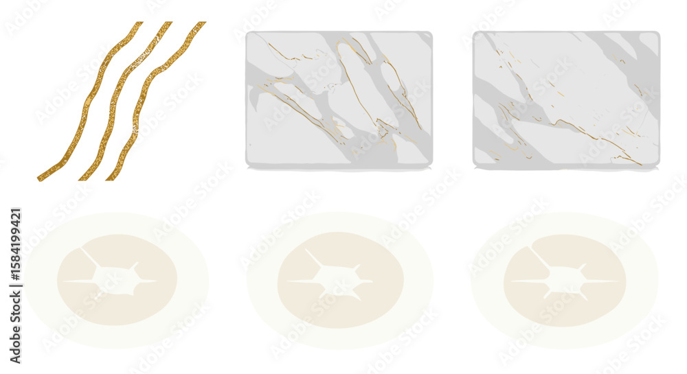 Poster a still life composition featuring golden strands marble rectangles and oval shaped objects in a bri