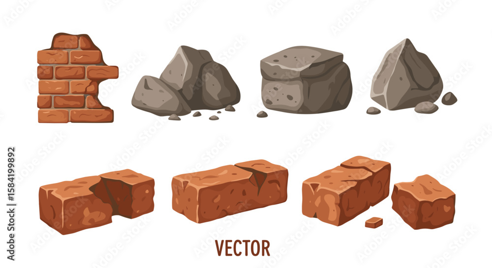 Poster illustration of assorted bricks and rocks with varying shapes and textures on a white background