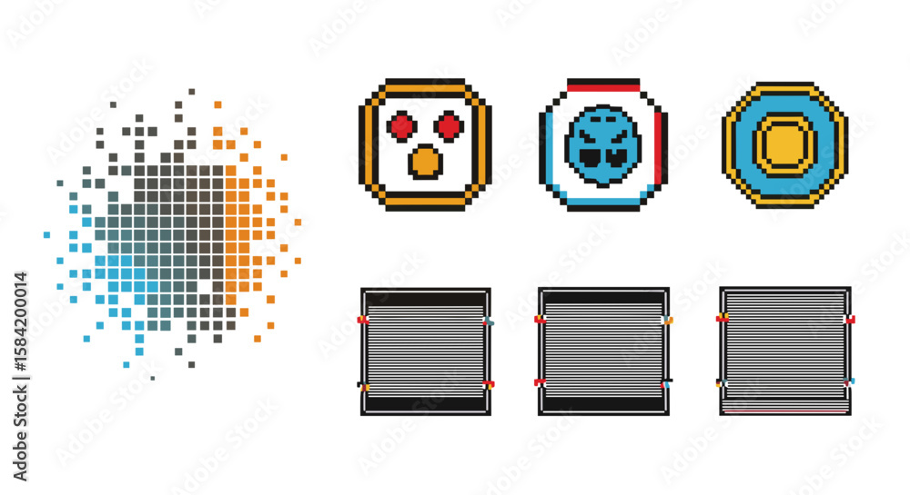 Poster pixelated image featuring three stylized icons and three striped rectangular shapes in a row format