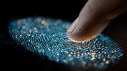 Biometric Authentication: A close-up shot showcases a finger making contact with a glowing fingerprint scanner, symbolizing digital identity, security, and cutting-edge technology. 