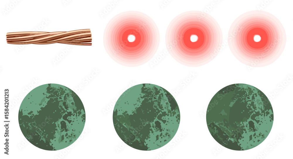 Poster a visual representation of twisted copper wire with red orbs above green textured ovals in a row