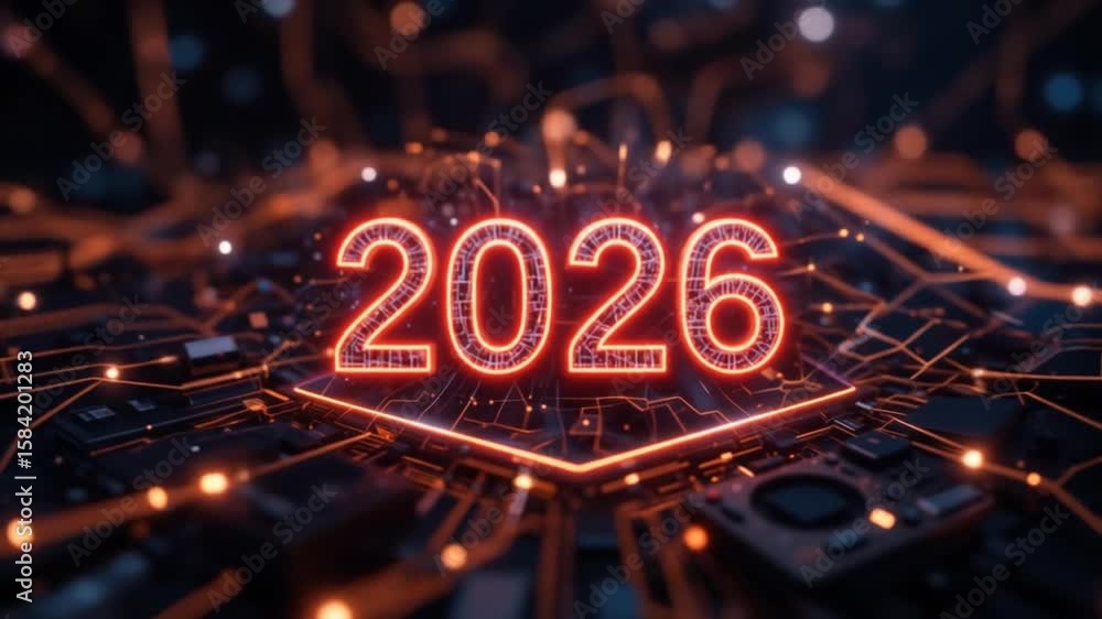 Poster futuristic 2026 digital circuit design animation with glowing neon elements