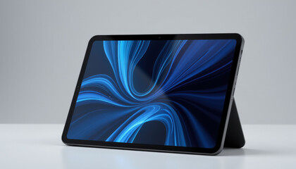 High quality photo of sleek tablet displaying vibrant blue abstract design on screen, positioned on stand against neutral background, showcasing modern technology and design aesthetics