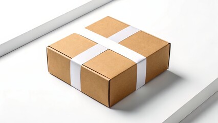 Obraz premium Top-Down View of Kraft Shipping Box with White Belly Band on Bright White Background for E-commerce Branding