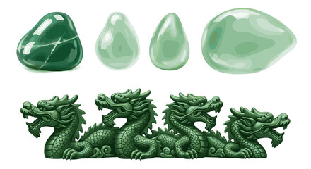 Illustration featuring four green jade stones and four green jade dragon sculptures in a row design