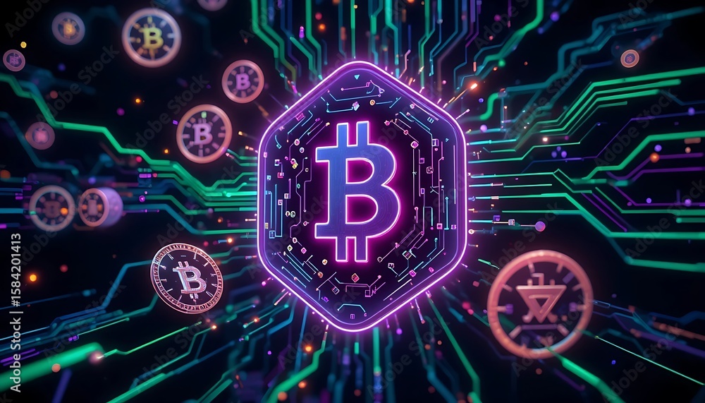 Poster bitcoin network visual with glowing circuitry and cryptocurrency symbols