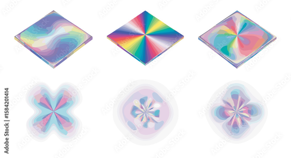 Poster three iridescent diamond shapes with unique patterns and blurry reflections on a white background sp