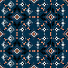 Tribal Geometric Seamless Pattern with Ethnic Diamond Motifs in Navy Blue, White, Coral, and Black &ndash; Abstract Textile Design Inspired by Native and Aztec Art for Fabric, Wallpaper, and Backgrounds