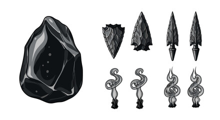 Illustration of a dark obsidian stone with arrowheads and stylized decorative elements on white