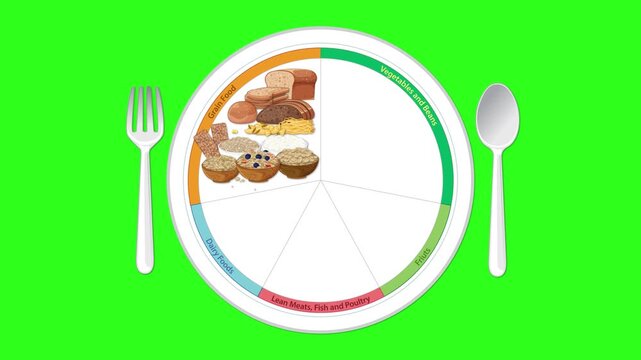 Animated Food Group Plate Filling on Green Background